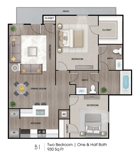 A floor plan of a one and a half bath home with two bedrooms.